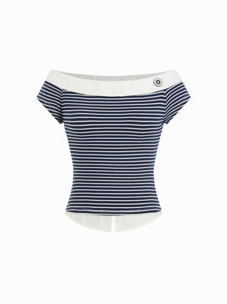 Cotton-blend Striped Asymmetrical Neck Short Sleeve Tee