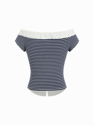 Cotton-blend Striped Asymmetrical Neck Short Sleeve Tee