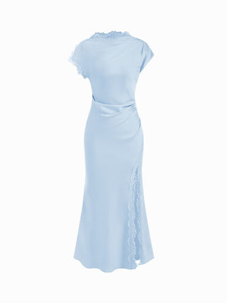 Satin Lace Trim Split Mermaid Maxi Dress