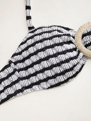Cotton-blend Halter Neckline Striped O-Ring Low Rise Cheeky Bikini Set With Sarong