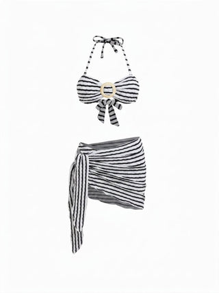 Cotton-blend Halter Neckline Striped O-Ring Low Rise Cheeky Bikini Set With Sarong