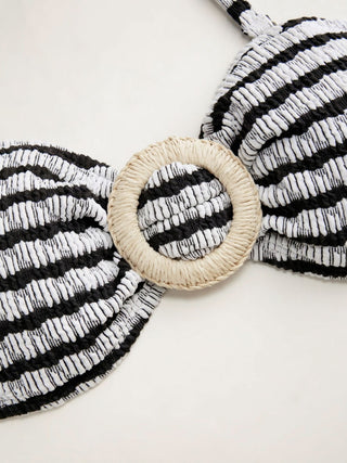 Cotton-blend Halter Neckline Striped O-Ring Low Rise Cheeky Bikini Set With Sarong