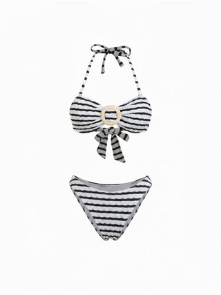 Cotton-blend Halter Neckline Striped O-Ring Low Rise Cheeky Bikini Set With Sarong