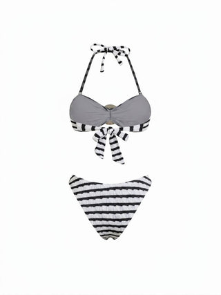 Cotton-blend Halter Neckline Striped O-Ring Low Rise Cheeky Bikini Set With Sarong