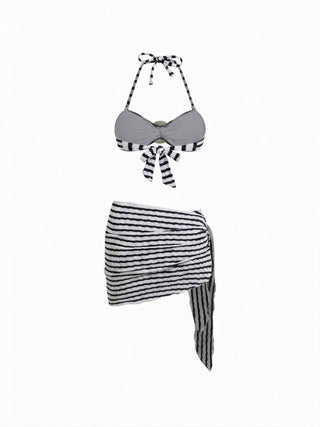 Cotton-blend Halter Neckline Striped O-Ring Low Rise Cheeky Bikini Set With Sarong