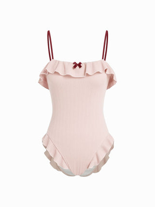 Texture Square Neck Ruffled Trim Bowknot One Piece Swimsuit