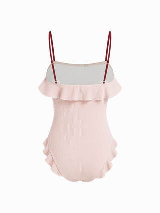 Texture Square Neck Ruffled Trim Bowknot One Piece Swimsuit