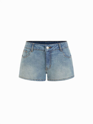 Stretch Denim Low Rise Floral Shorts