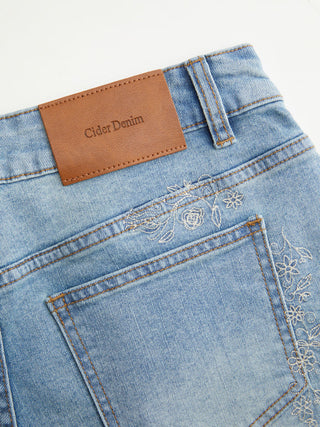 Stretch Denim Low Rise Floral Shorts