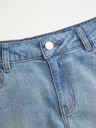 Stretch Denim Low Rise Floral Shorts