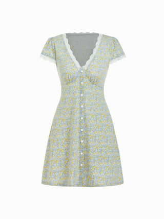 Ditsy Floral V-neck Lace Trim High Rise A-line Mini Dress