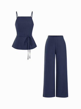 Linen-blend Tie Waist Cami Top & Mid Rise Straight Leg Trousers Set