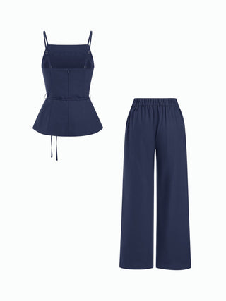 Linen-blend Tie Waist Cami Top & Mid Rise Straight Leg Trousers Set