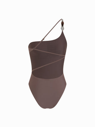 High Stretch Asymmetrical Neck Bead Detail One Piece Swimsuit