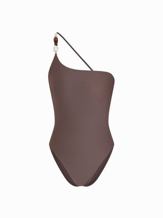 High Stretch Asymmetrical Neck Bead Detail One Piece Swimsuit