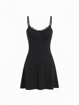 High Stretch Scoop Neckline Lace Trim Cami Flared Mini Dress