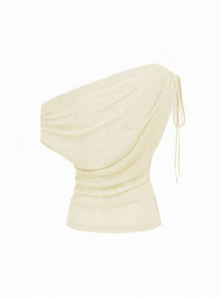 Linen-blend Linen-blend See-Through Off-shoulder Drawstring Top For Daily Casual Work