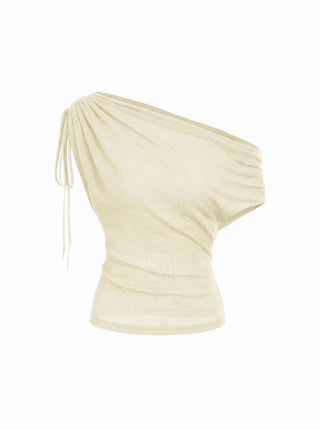 Linen-blend Linen-blend See-Through Off-shoulder Drawstring Top For Daily Casual Work