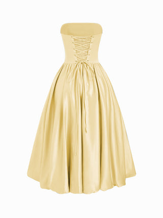 Satin Strapless Ruched Lace-up High Rise Bubble Maxi Dress