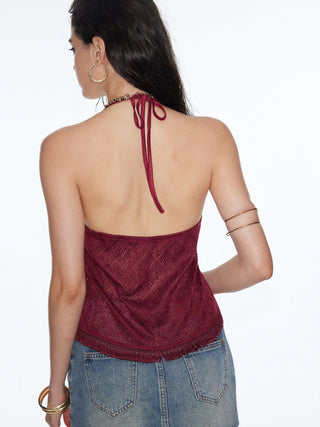 Pointelle V-Neck Halter Ruffle Hem Cami Top