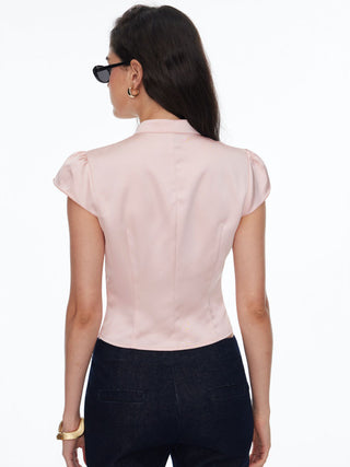 Stand Collar Lace Trim Cut Out Short Sleeve Blouse