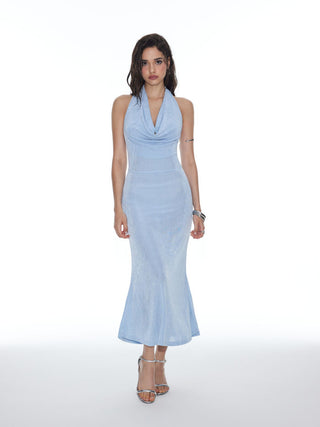 Textured Cowl Neck Lace Panel Mermaid Maxi Dress
