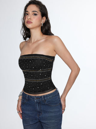 Mesh Rhinestone Crop Bandeau Top