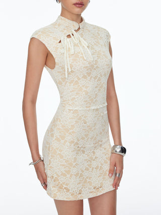 Lace Stand Collar Short Sleeve Cut Out Bowknot A-line Mini Dress