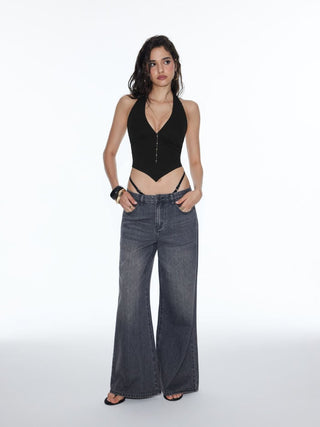 High Stretch Halter Neckline Chain Detail Asymmetrical Hem Crop Top