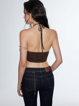 Metallic Textured Sweetheart Halter Neck Cowl Metal Detail Crop Cami Top