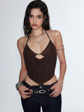 Metallic Textured Sweetheart Halter Neck Cowl Metal Detail Crop Cami Top