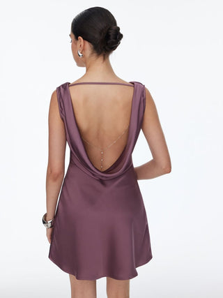 Satin Cowl Neck Backless Metal Detail A-line Mini Dress