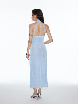 Textured Cowl Neck Lace Panel Mermaid Maxi Dress