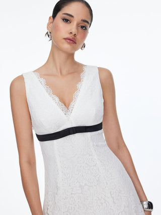 Lace V-neck Contrast Binding Bowknot A-line Mini Dress