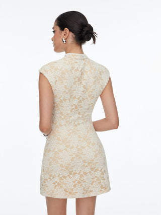 Lace Stand Collar Short Sleeve Cut Out Bowknot A-line Mini Dress