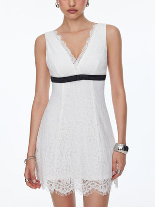 Lace V-neck Contrast Binding Bowknot A-line Mini Dress