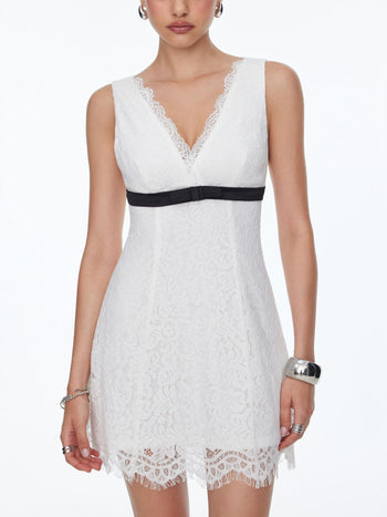Lace V-neck Contrast Binding Bowknot A-line Mini Dress