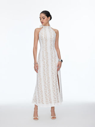 Lace Stand Collar Scarf Neck Split Backless Maxi Dress