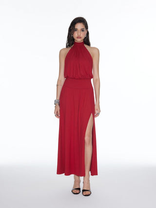 Halter Neckline Backless Split A-line Maxi Dress