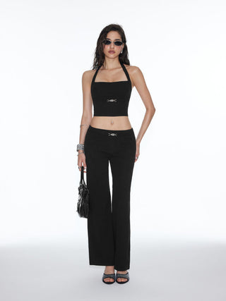 Cotton-blend Halter Neck Metal Detail Crop Tank Top