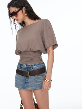 Boat Neck Batwing Sleeve Backless Drawstring Metal Detail Oversized Crop Tee