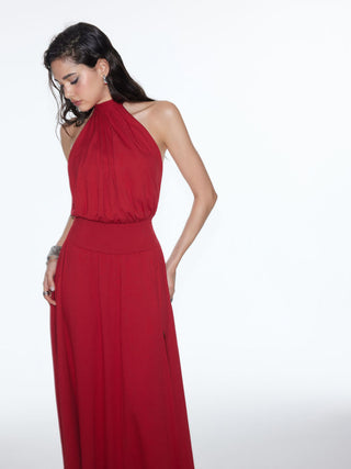 Halter Neckline Backless Split A-line Maxi Dress