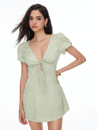 Jacquard V-neck Puff Sleeve Tie Front A-line Mini Dress