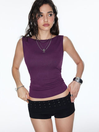 High Stretch Boat Neck Backless Chain Detail Draped Crop Tank Top