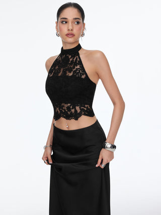 Cotton-blend Lace Halter Crop Top & Low Rise Mermaid Maxi Skirt Set
