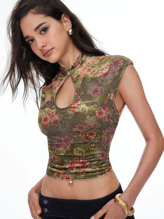 Velvet Floral Stand Collar Short Sleeve Cut Out Slim Tee