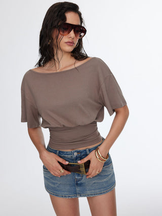 Boat Neck Batwing Sleeve Backless Drawstring Metal Detail Oversized Crop Tee