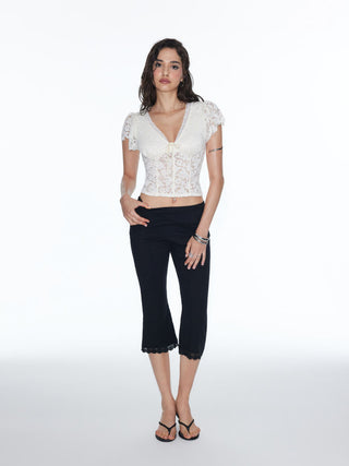 Lace V-neck Cloak Sleeve Drawstring Crop Top