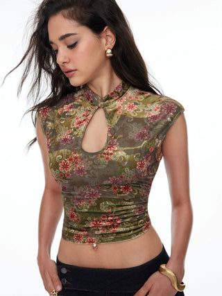 Velvet Floral Stand Collar Short Sleeve Cut Out Slim Tee
