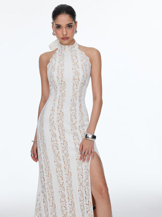 Lace Stand Collar Scarf Neck Split Backless Maxi Dress